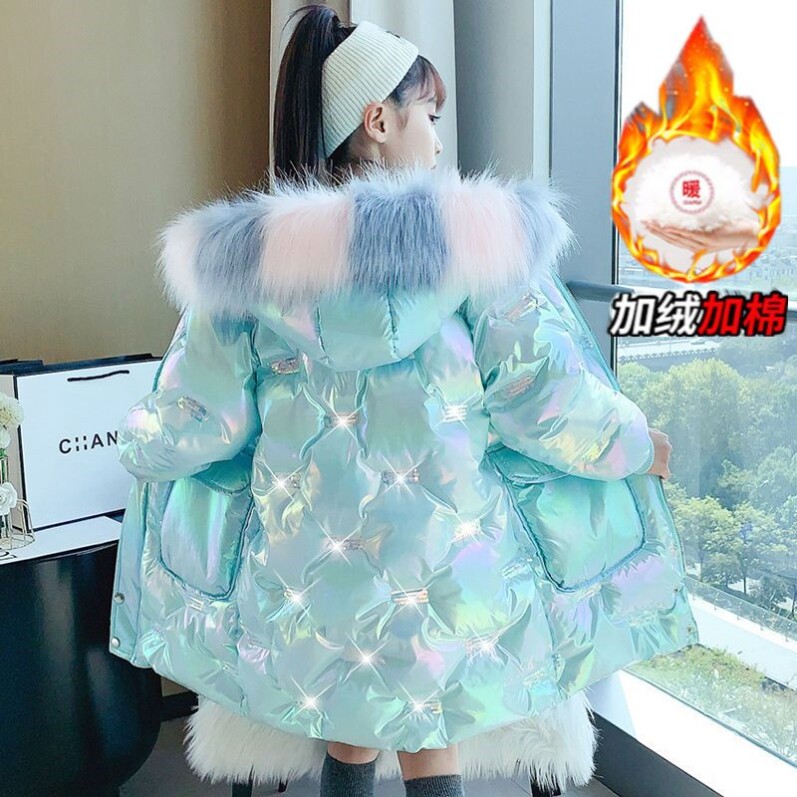 网红炫彩女童冬季棉服中长款20棉袄/棉服