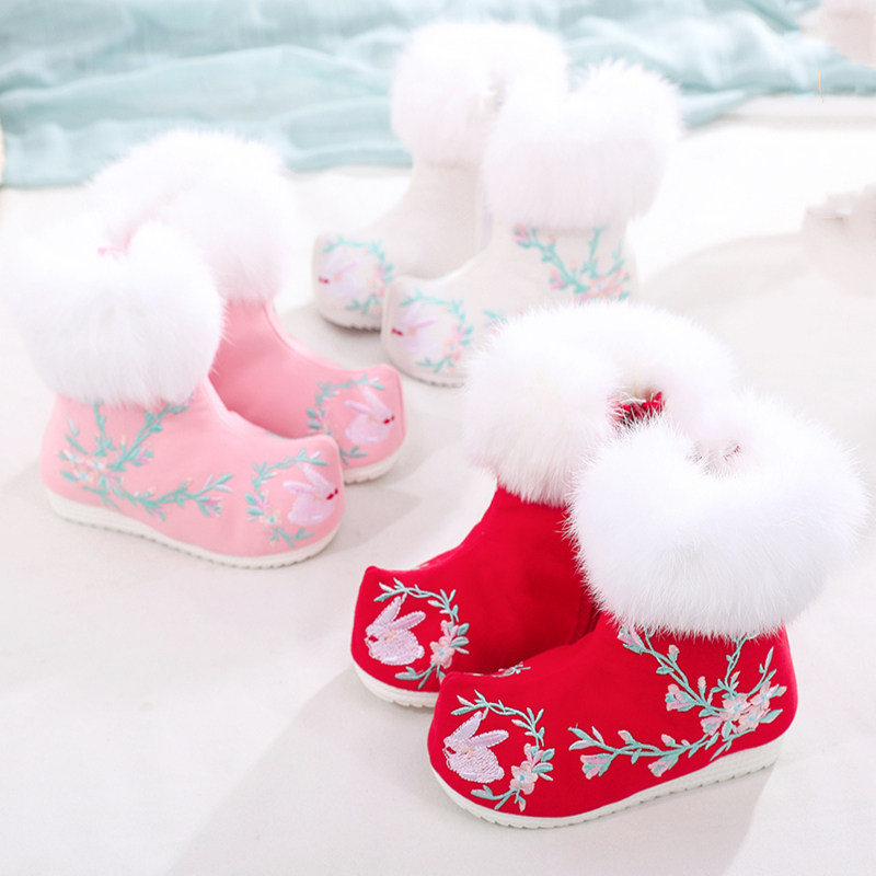 女童冬汉服鞋高端升级加厚儿童绣花鞋加绒中国民族风古装雪地靴子