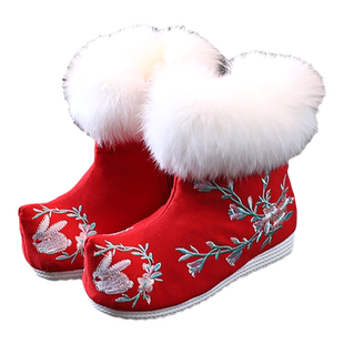 女童冬汉服鞋高端明制加厚儿童绣花鞋加绒中国民族风古装雪地靴子