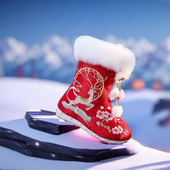 新年靴女童汉服鞋 雪地靴子冬 拜年鞋 加绒大棉老北京儿童绣花鞋 古装