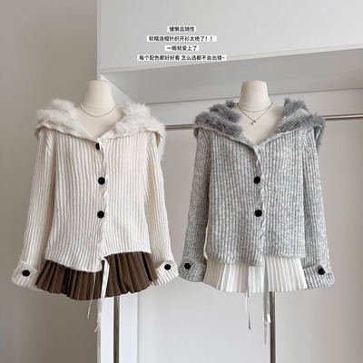 慵懒风毛毛领连帽长袖毛衣短外套