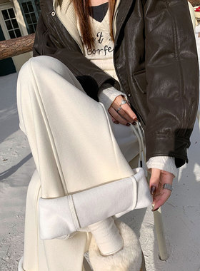 白色加绒弯刀裤女冬季流行梧桐裤香蕉糯米休闲加厚毛呢云朵阔腿裤