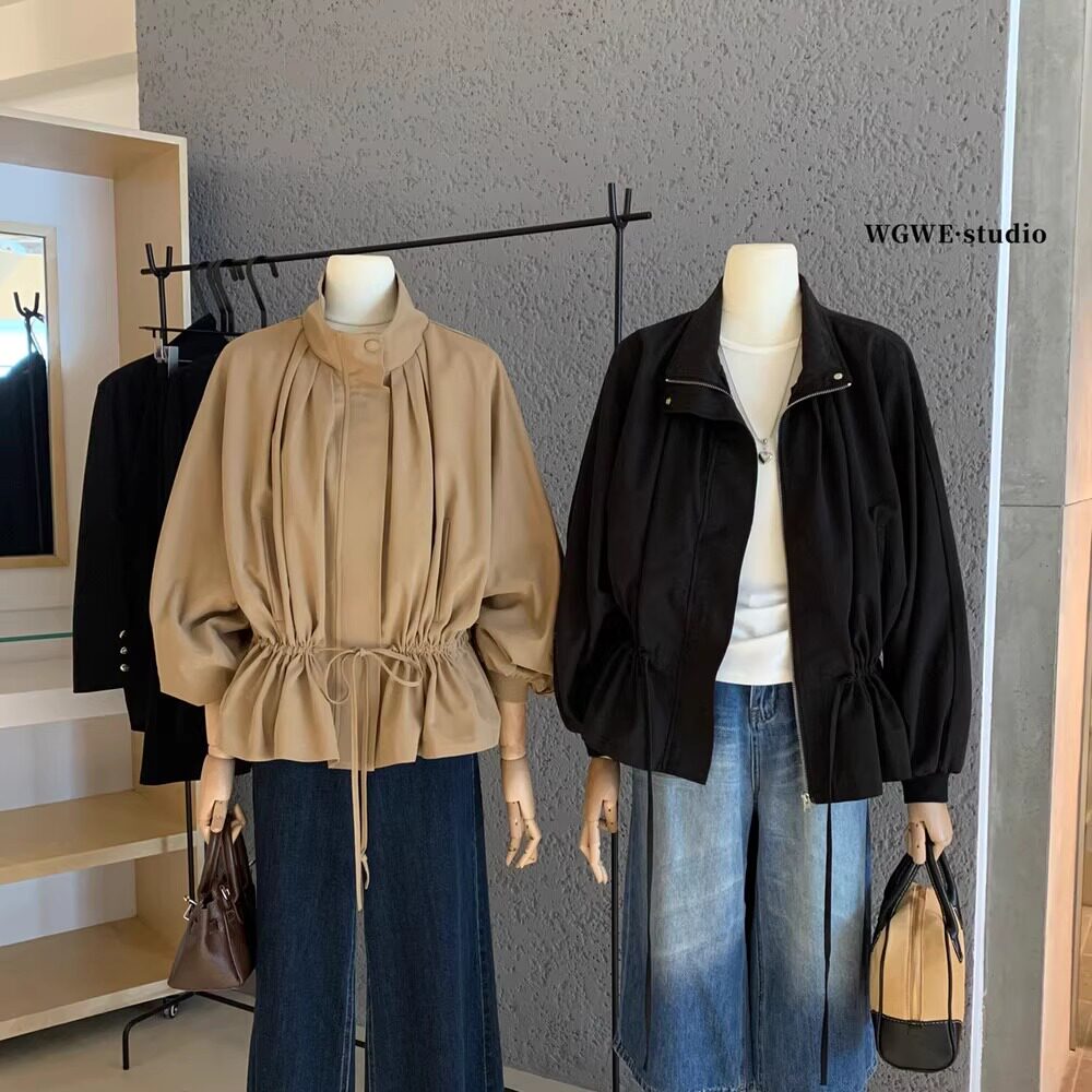 英伦老钱高级感立领灯笼袖风衣女秋冬气质抽绳收腰时尚卡其短外套