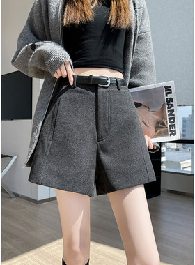 黑色毛呢休闲西装短裤女春季冬宽松显瘦a字阔腿裤外穿百搭靴裤子