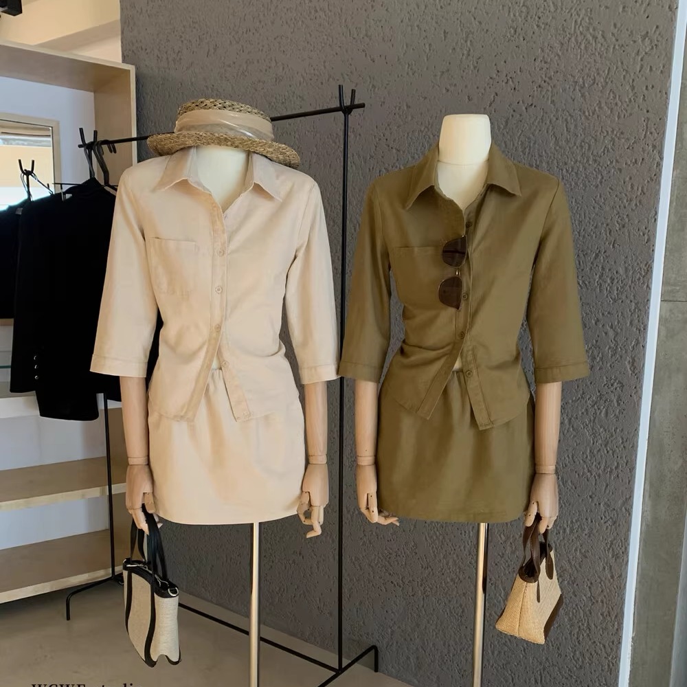 七分袖收腰衬衫显瘦短裙早秋套装