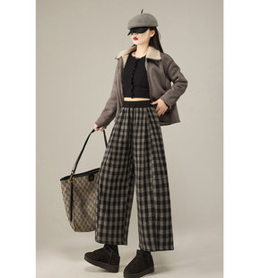 格子阔腿休闲八分裤女秋冬加绒加厚垂感宽松弯刀显瘦奶奶裤小个子