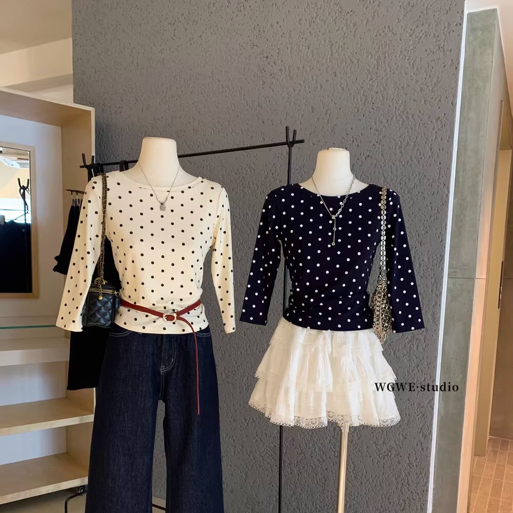 绝美少女感复古波点船领长袖T恤