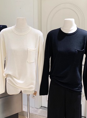 基础百搭休闲圆领口袋长袖T恤针织衫女秋内搭气质打底衫毛衣上衣