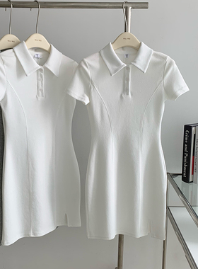 2025夏新款明线修身显瘦白色短裙子今年流行翻领少女高级感连衣裙