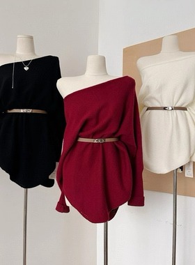 蝙蝠袖斜肩长袖毛衣女中长款慵懒风连衣裙秋冬设计显瘦百搭针织衫