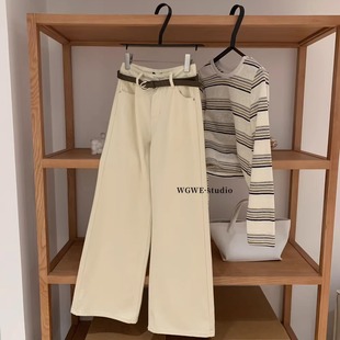 女秋冬高级显瘦微阔拖地休闲长裤 版 子白色直筒牛仔裤 裤 型超好看