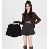 女加厚高腰显瘦木耳花边a字外穿靴裤 秋冬新款 灰色毛呢阔腿短裤 子