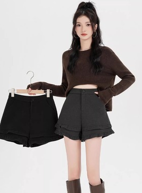 秋冬新款灰色毛呢阔腿短裤女加厚高腰显瘦木耳花边a字外穿靴裤子