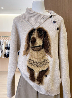 韩系软糯慵懒风翻领小狗印花针织衫女加厚秋冬高领毛衣外套上衣潮