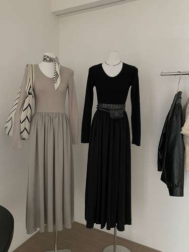 拼接收腰显瘦大摆拖地长款连衣裙