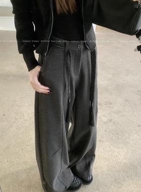 灰色休闲毛呢弯刀裤女秋冬加厚高腰宽松慵懒黑色阔腿休闲拖地长裤