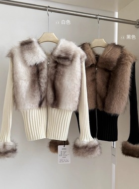 2025皮草拼接假两件翻领长袖毛衣外套女秋冬气质修身短款针织开衫