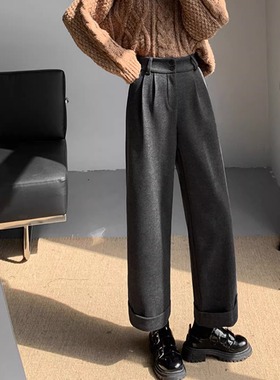 加绒加厚毛呢西装裤女秋冬高腰职业宽松阔腿长裤直筒休闲九分裤子