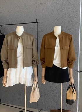 美拉德气质拉链麂皮绒皮衣短外套女秋冬时髦巨好看的高腰夹克上衣