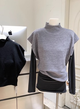 叠穿chic短袖马甲羊毛针织衫上衣外穿秋冬半高领无缝一体毛衣外套