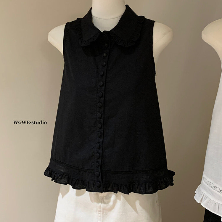 法式娃娃领白色背心气质亚麻衬衫