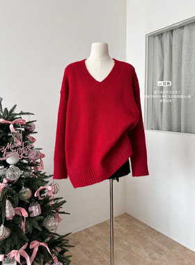 圣诞新年红！宽松v领红色套头毛衣女小个子外穿慵懒风针织衫上衣