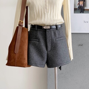 高腰气质毛呢a字短裤女秋冬高级保暖外穿裤子阔腿休闲裤子配腰带
