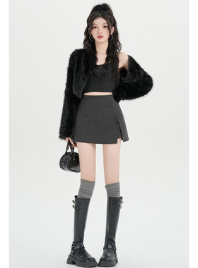 黑色开叉毛呢半身裙2026春季小个子高腰显瘦a字气质包臀西装短裙