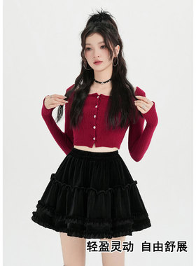 黑色丝绒半身裙女2026春季新款高腰显瘦a字蛋糕蓬蓬伞裙绝美短裙