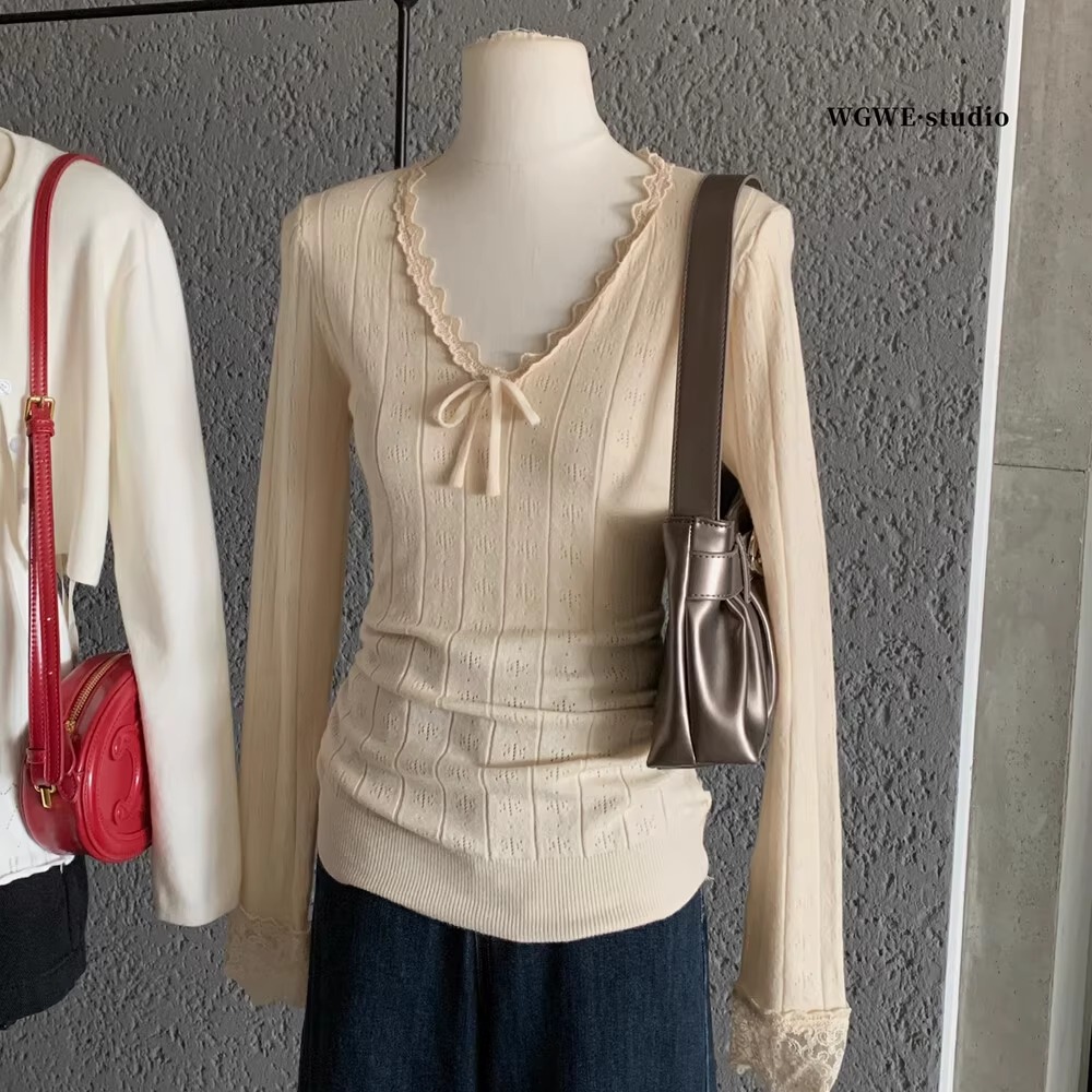 蕾丝花边气质V领内搭针织衫女秋