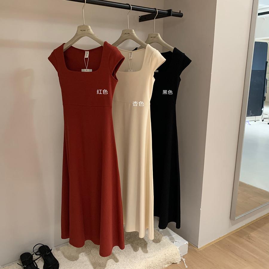 法式简约方领绑带连衣裙女百搭