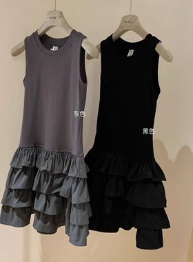 黑色修身无袖背心裙女夏新款气质显瘦遮肉a字短裙蓬蓬蛋糕连衣裙