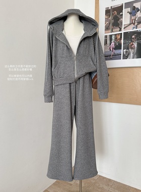 运动风连帽加绒卫衣女双拉链短外套+休闲长裤韩系一整套深冬穿搭