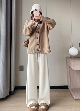 白色窄版糯米裤直筒垂感休闲裤女秋冬新款高级感高腰羊绒阔腿裤子