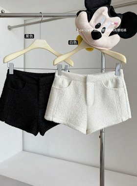 女团腿圈圈毛呢料高腰短裤冬加厚超好看小个子裤子白色阔腿休闲裤