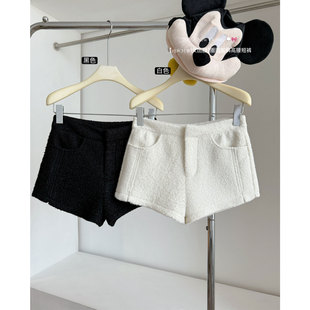 女团腿圈圈毛呢料高腰短裤冬加厚超好看小个子裤子白色阔腿休闲裤