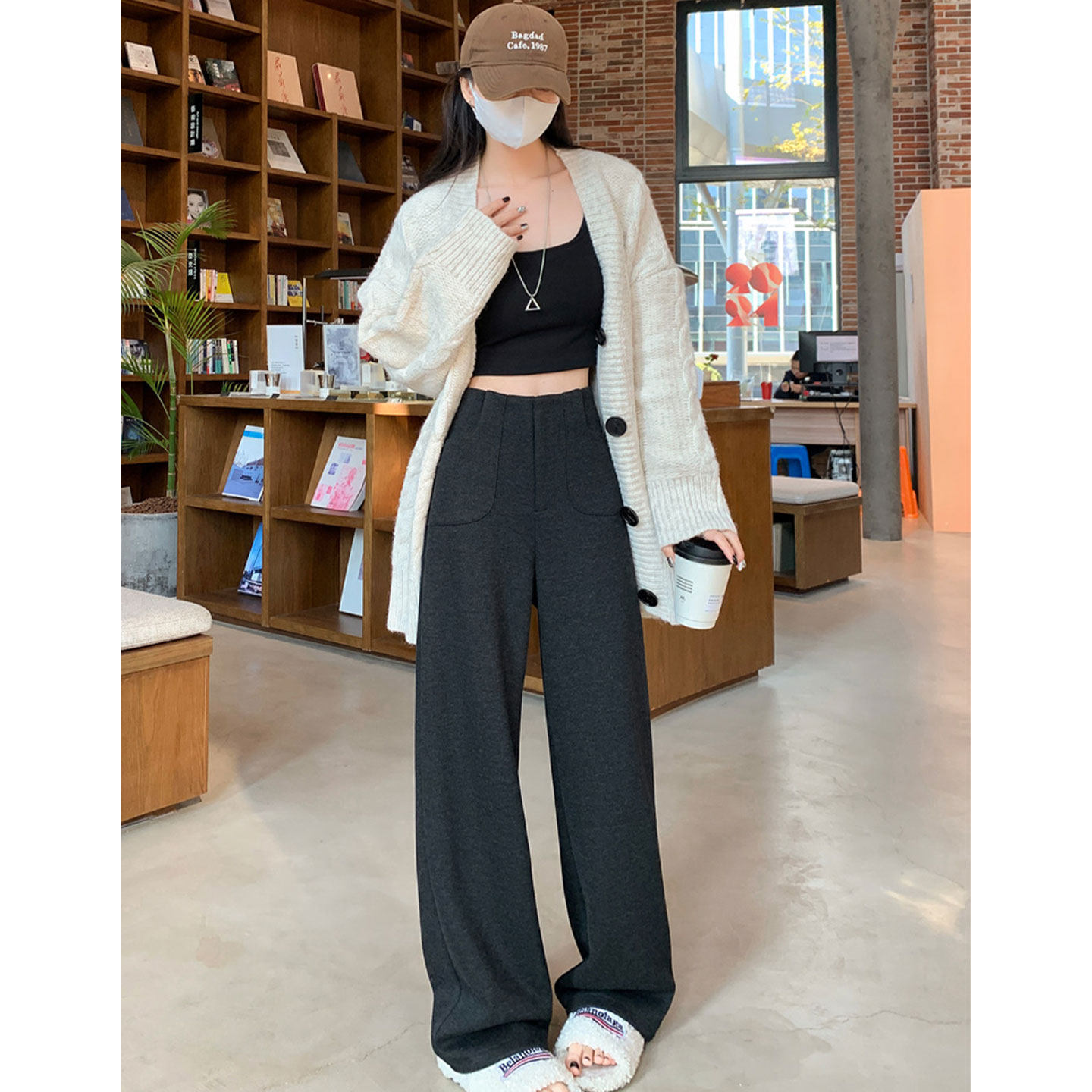 黑灰色窄版阔腿裤女秋冬加厚高腰垂感显瘦羊毛呢西装裤休闲直筒裤,女装/女士精品,休闲裤,淘宝优惠券,粉丝福利购,淘宝优惠卷