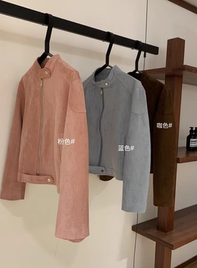 英伦风复古韩系麂皮绒短款外套女秋冬巨好看的立领宽松皮夹克上衣