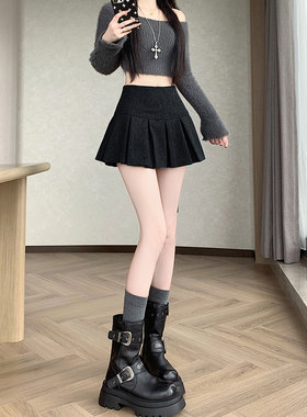 2026春季新款防走高腰毛呢百褶短裙子a字绝美巨好看的黑色半身裙