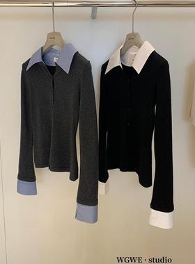极简高级感灰色假两件拼接毛衣开衫女秋冬修身气质打底针织衫上衣
