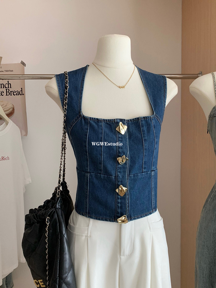 金扣牛仔背心女夏减龄薄衬衫马甲