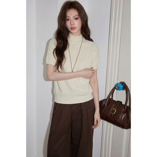 韩系半高领短袖白色针织衫女装2026早春季叠穿修身显瘦打底衫上衣