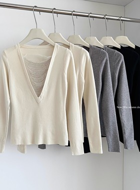 2025秋冬链条长袖针织衫女V领打底衫绝美巨好看修身毛衣内搭上衣