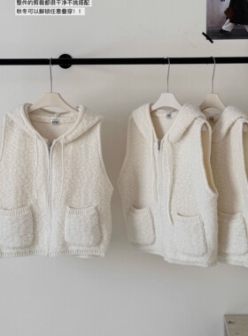 米白色连帽针织羊羔毛马甲女设计感高级休闲百搭无袖短款外套上衣