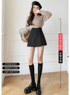 黑色毛呢短裤靴裤女春季秋冬不规则阔腿休闲裤裙显瘦气质A字裙裤