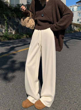 白色醋酸羊毛阔腿裤女春季秋冬加绒厚高腰垂感窄版直筒休闲西装裤