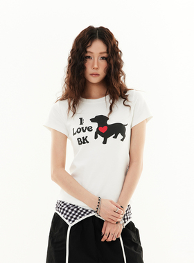 SREK 简约卡通小狗印花正肩短袖T恤女夏季新款美式复古辣妹上衣潮