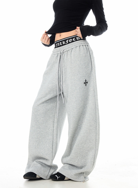 SREK美式街头风高腰宽松阔腿卫裤女新款灰色松紧腰百搭慵懒长裤