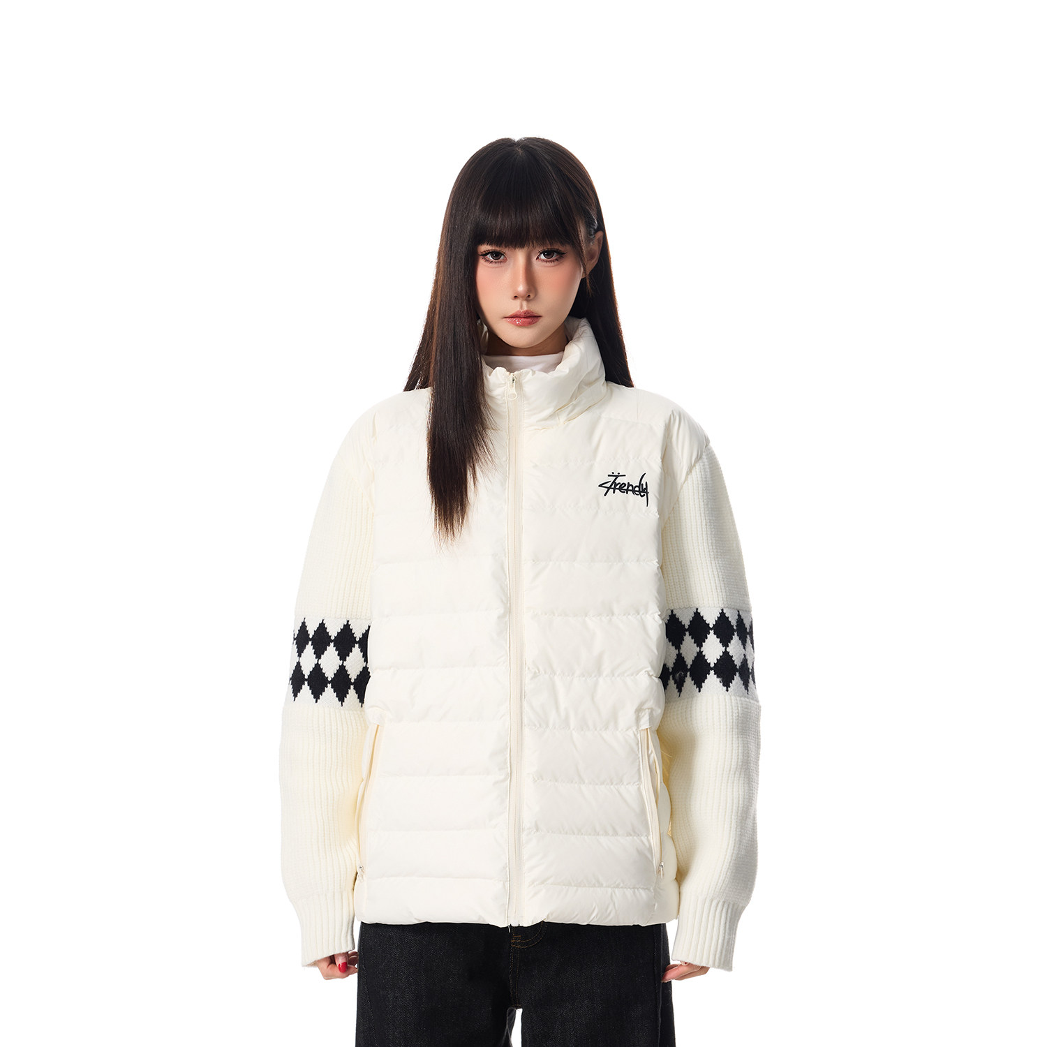 SREK冬季新款棋盘格风连帽羽绒服女短款轻便白鸭绒保暖外套冬季