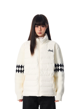 SREK冬季新款棋盘格风连帽羽绒服女短款轻便白鸭绒保暖外套冬季